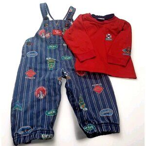 Vintage OshKosh Baby B'Gosh Vestbak 12 Mo Train RailRoad Striped Overall…